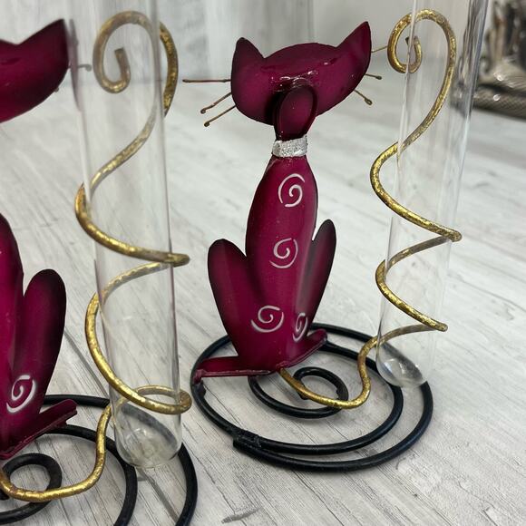 Vintage Metal Glass Whimsical Pink Swirl Cat Test Tube Bud Vase Set - Picture 4 of 8
